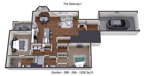 Floor plan for 2 beds, 2 baths, 1200 sqft